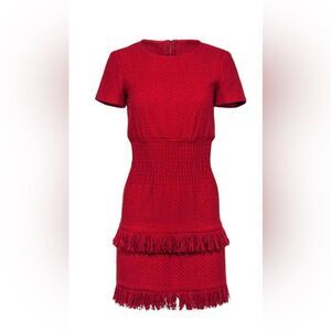 Maje - Red Woven Cotton Blend Frayed Edge Dress
